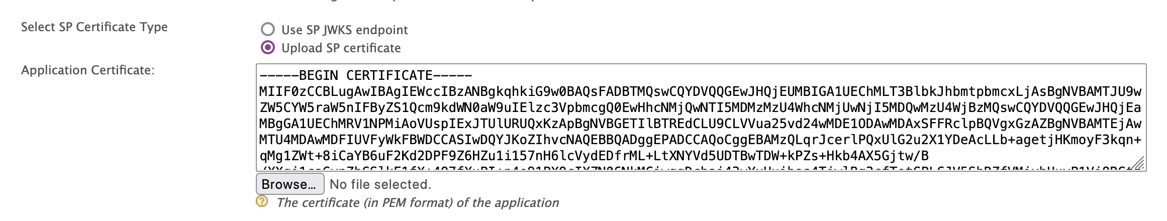 Upload SP certificate